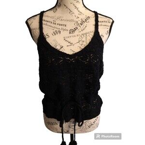 SO y2k crotchet cottage core feminine tie front tassel black top large